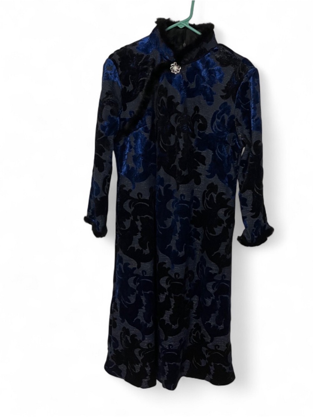 Women's Blue and Black Velvet Floral Long Dress